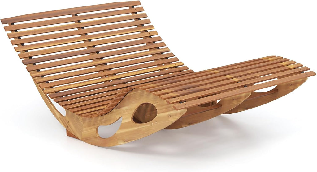 Giantex Extra-Large Dual Outdoor Rocking Chair, Acacia Wood Patio Lounge Chair with Ergonomic Curved & Slatted Seat, Bottom Stopper, 63'x47'x26' Lounger, 2-Person Loveseat, Rocker for Porch, Yard (1)