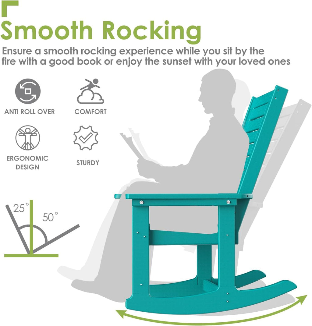 GREENVINES Outdoor Rocking Chairs | Set of 2 | Porch Rocker | HDPE Plastic | Aqua | Oversized Rockers | High Back | Big & Tall | Ladder Back | for Patio Outside Backyard Balcony Garden