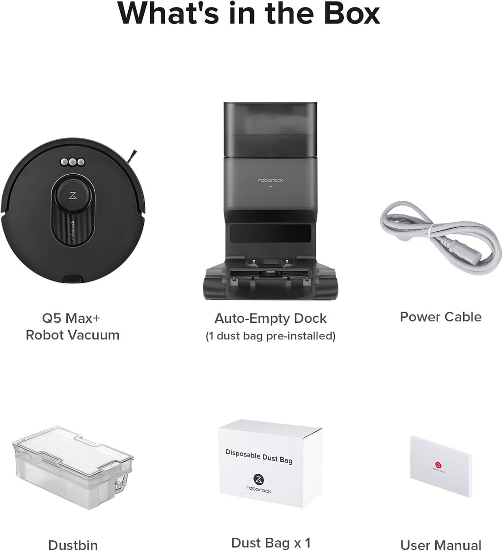 roborock Q5 Max+ Robot Vacuum with Self-Empty Dock, Upgraded from Q5+, 5500 Pa Suction, DuoRoller Brush, Hands-Free Cleaning for up to 7 Weeks, PreciSense LiDAR Navigation, App & Voice Control