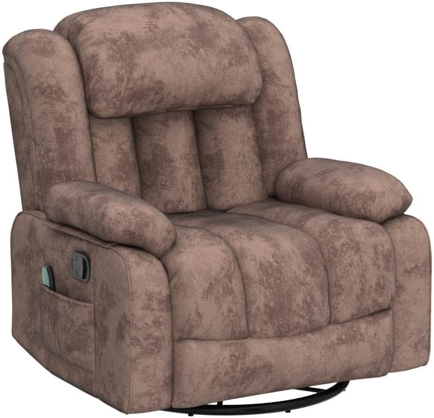 CANMOV Massage Rocker Recliner with Heat and Vibration, 360 Degree Swivel Manual Antiskid Fabric Single Sofa Heavy Duty Reclining Chair for Living Room, Dark Brown