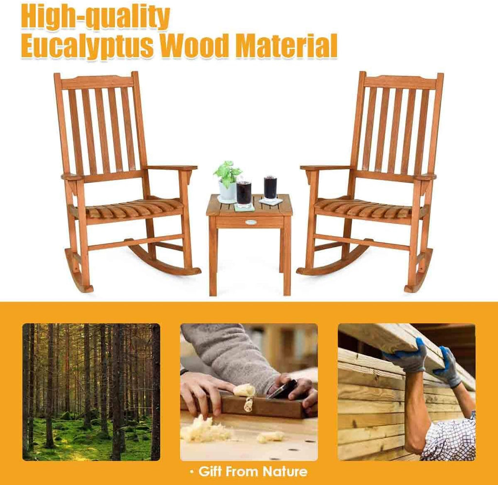 Giantex 3 Piece Patio Rocking Chair Set, Outdoor Wood Conversation Set w/ 2 Rockers & 1 Coffee Table, Eucalyptus Wooden Rocking Bistro Set for Backyard Porch Poolside Lawn