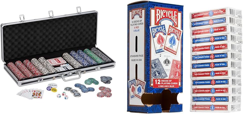 Fat Cat Bling 13.5 Gram Texas Hold 'em Clay Poker Chip Set with Aluminum Case, 500 Striped Dice Chips & Bicycle Standard Playing Cards, Poker Size, 12 Pack