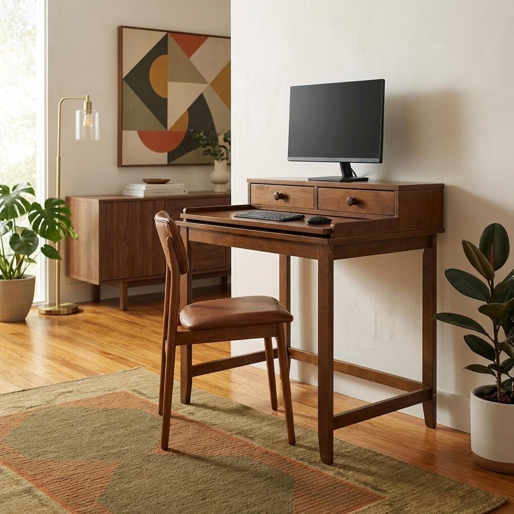 Furnifact Solid Wood Computer Desk in Truffle Brown with Drawers, Hidden Compartment, Pull-Out Tray, and Magnetic Locking, Mid Century Modern Design