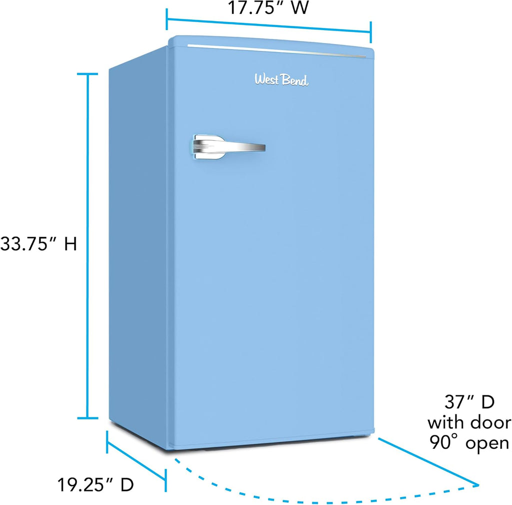 West Bend Mini Fridge for Bedroom, Office, Bar or College Dorm Room, Retro Compact Refrigerator features single door, glass shelves and adjustable temperature control, 3.0-Cu.Ft., Robin's Egg Blue