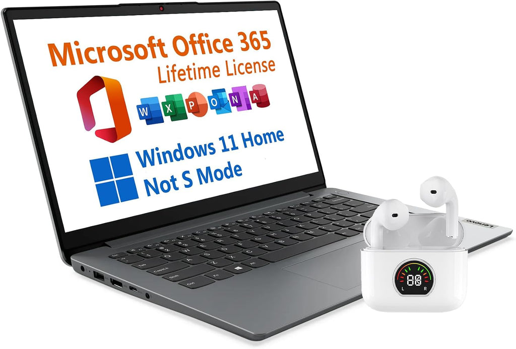 Lenovo 14' Laptop, Free Microsoft 365 with Lifetime License, Intel Celeron N4500 2.8 GHz, 10 Hours Battery, 4GB RAM, 128GB eMMC Storage + 128GB SSD, WiFi 6, USB-C, Windows 11 Home, Toree Earbuds