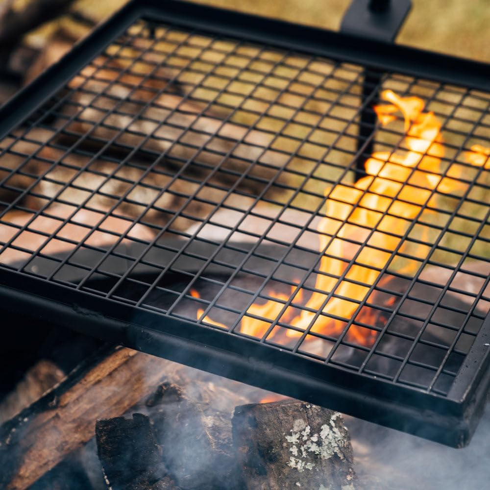 TITAN GREAT OUTDOORS Ash & Ember Adjustable Swivel Grill, Steel Mesh Wire Cooking Grate with Spike Pole, Open Fire Portable BBQ Camping Gear