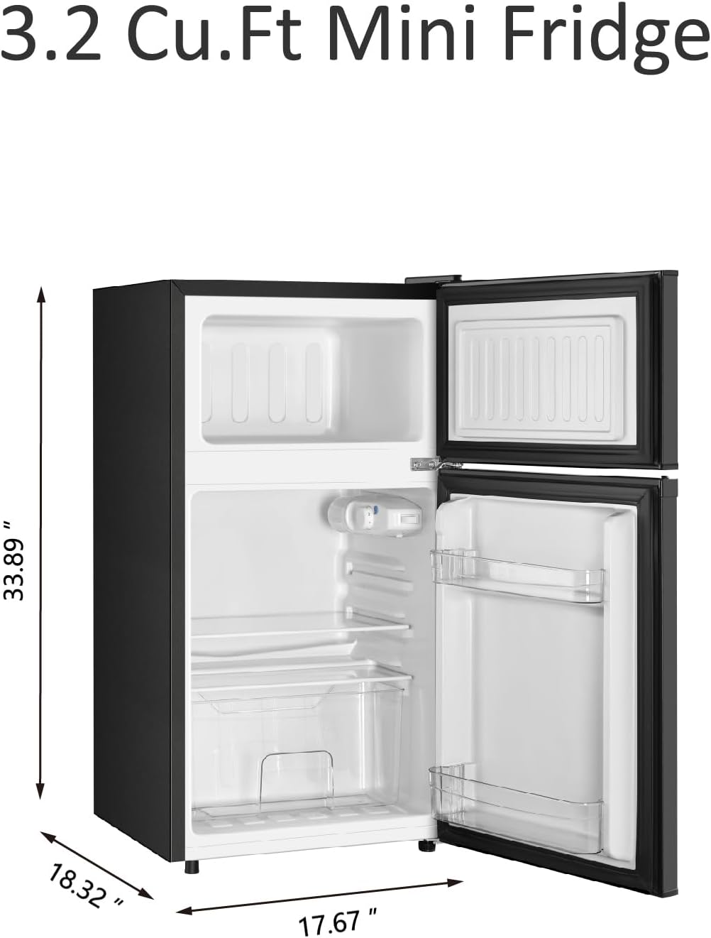 Saeoola Mini Fridge with Freezer, 3.2 Cu.Ft, 2 Doors Compact Mini Refrigerator with Separate Freezer for Dorm, Bedroom, Office, Apartment with 7-Level Temperature Control, Removable Shelves (Black)