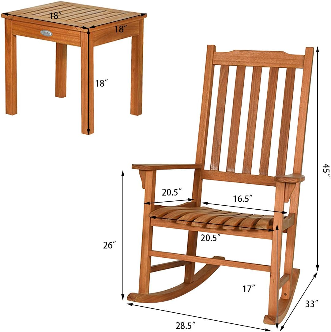 Giantex 3 Piece Patio Rocking Chair Set, Outdoor Wood Conversation Set w/ 2 Rockers & 1 Coffee Table, Eucalyptus Wooden Rocking Bistro Set for Backyard Porch Poolside Lawn