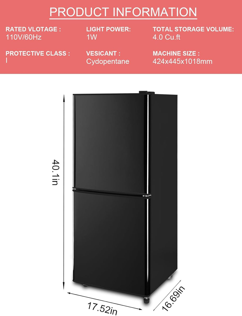 KRIB BLING 4.0 Cu.Ft Refrigerator with Freezer, 2 Doors Fridge with Adjustable Thermostat Control, Refrigerator for Kitchen, Dorm, Apartment, Garage, Office, Black
