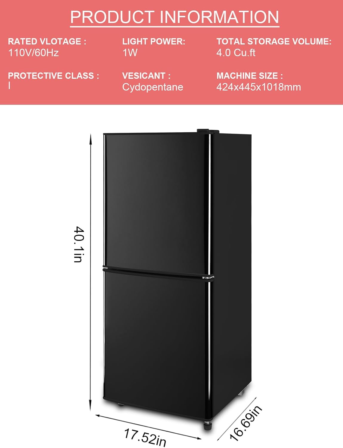 KRIB BLING 4.0 Cu.Ft Refrigerator with Freezer, 2 Doors Fridge with Adjustable Thermostat Control, Refrigerator for Kitchen, Dorm, Apartment, Garage, Office, Black