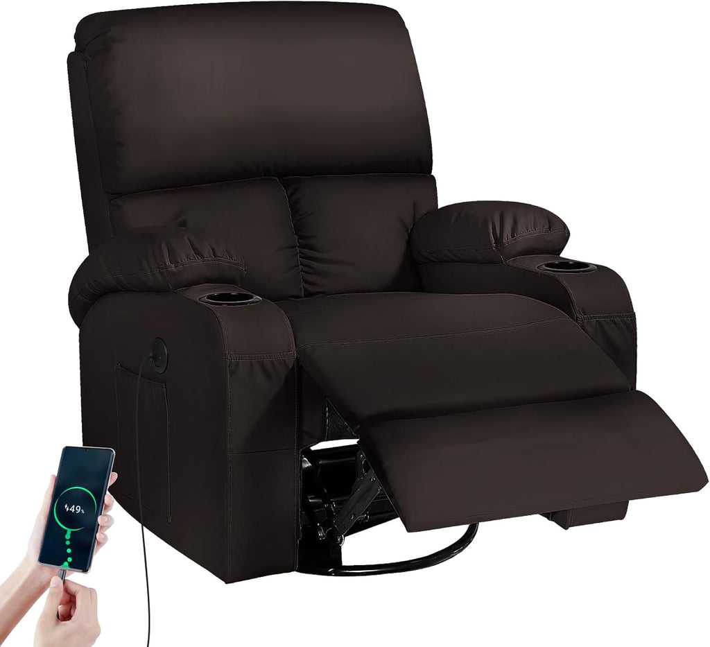 LAFWELL Rocking Recliner Chair, Massage Rocker Recliner Chair with Vibration Massage and Heat, USB and Type-C Ports,360° Swivel Faux Leather Chairs, Living Room, Bedroom, Nursery, RV, Brown