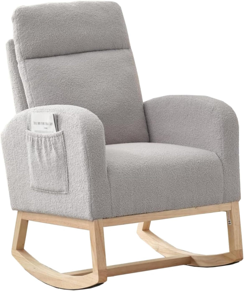 GAOMON Rocking Chair Glider for Nursery, Comfy Rocker Nursery with Side Pocket & High Backrest, Baby Rocking Chair for Breastfeeding, Upholstered Rocker & Living Room, Light Gray