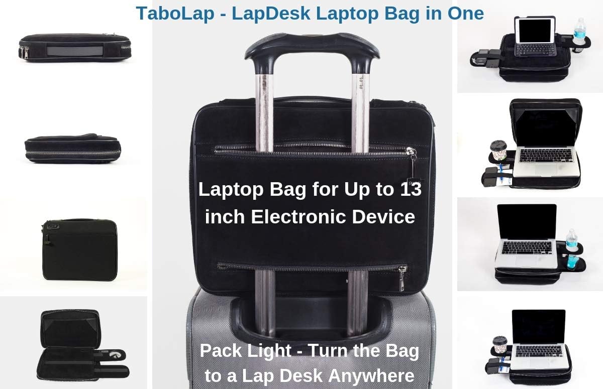 Portable Laptop Lap Desk & Sleeve in One | TaboLap Computer Sleeve Convertible to a Non-Slip LapDesk w/a Bottle Cup Holder & 2 Retractable Trays to Left/Right | 13 Inches | Black Neoprene