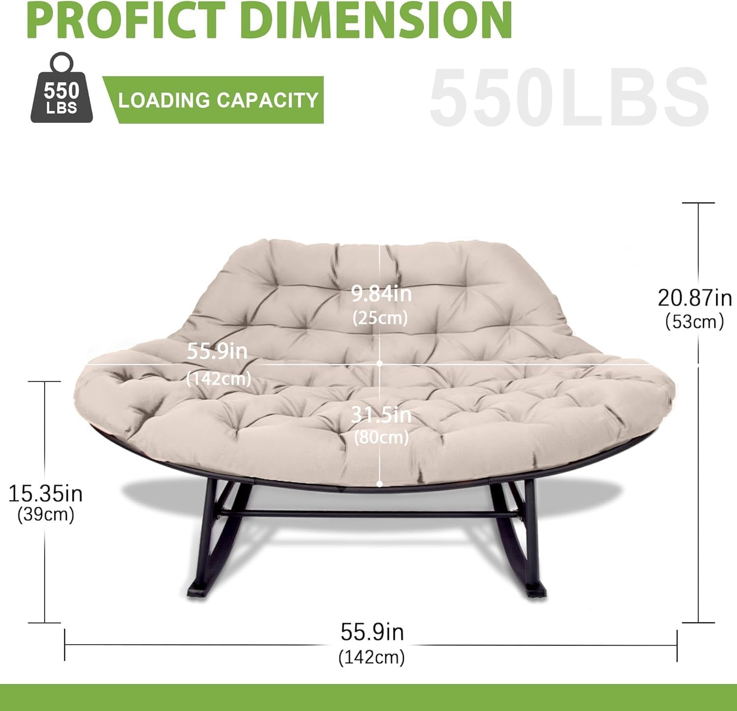 YOXIFOC Double Papasan Chair, Indoor and Outdoor Double Lounge Rocking Chair, with Extra-Thick Large Cushion, for Living Room/Patio/Garden (Beige)