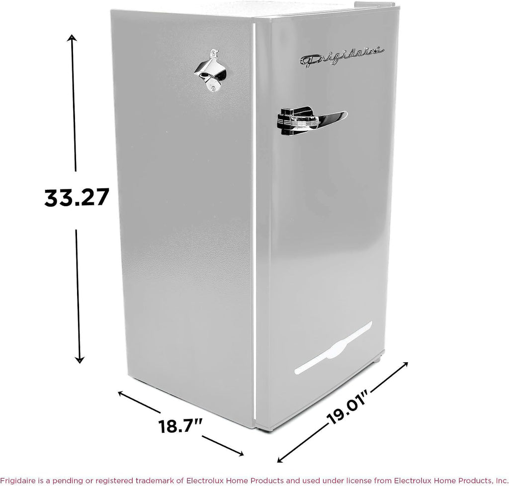 Frigidaire Retro Compact Fridge with Chiller, 3.2 cu ft Countertop Fridge with Built-In Bottle Opener, Compact Refrigerator for Office, Bedroom, Dorm Room or Cabin - 16.5'D x 19'W x 31'H (Moonbeam)