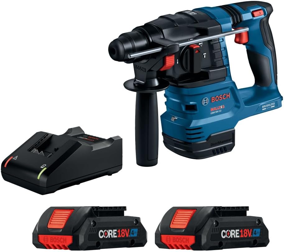 Bosch GBH18V-22K24 18V Brushless SDS-plus® Bulldog™ ¾ In. Rotary Hammer Kit with (2) CORE18V® 4 Ah Advanced Power Batteries