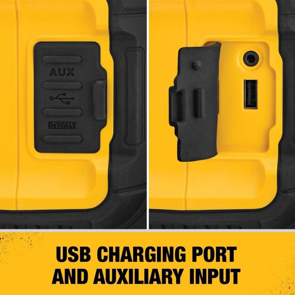 DEWALT 20V MAX Bluetooth Speaker, 100 ft Range, Durable for Jobsites, Phone Holder Included, Lasts 8-10 Hours with Single Charge (DCR010)