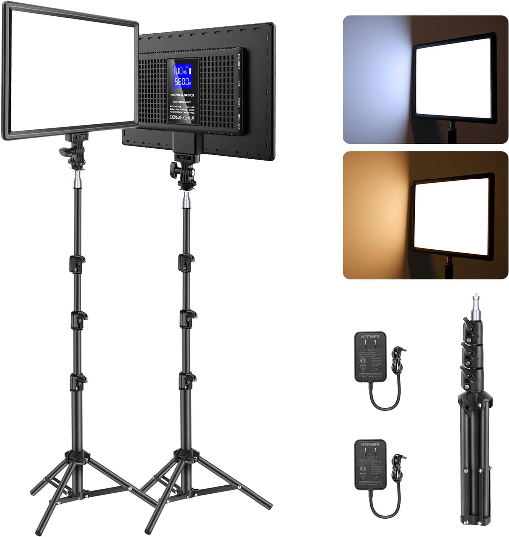 NEEWER BASICS 13' LED Video Light Panel, 2 Pack Studio Lighting Kit with Tripod Stands, Bi Color Photo Key Light for Streaming Photography Podcast Recording, 2400Lux 3200-5600K CRI97+ 8000mAh, NL-192B