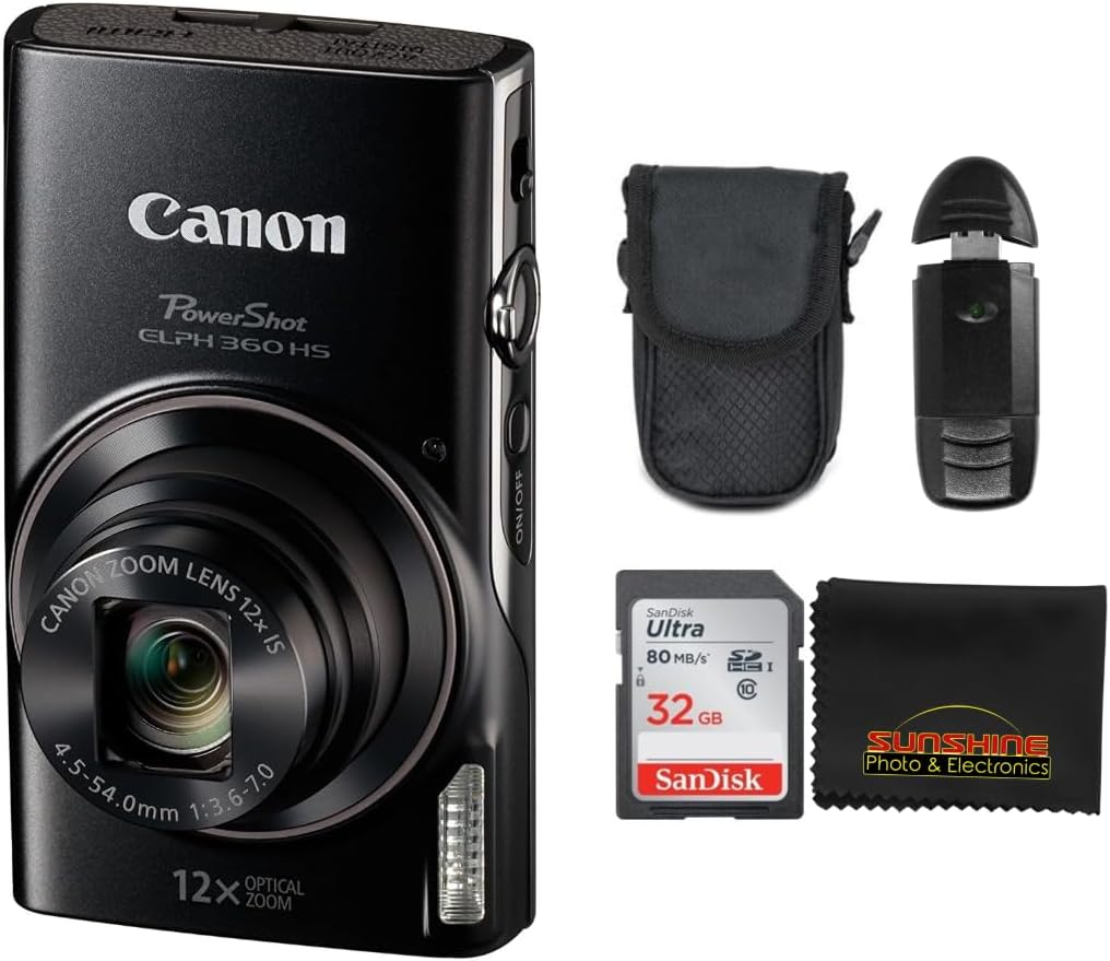Canon PowerShot ELPH 360 HS 20.2 MP Digital Camera w/Sunshine Photo Starter Bundle (Renewed)