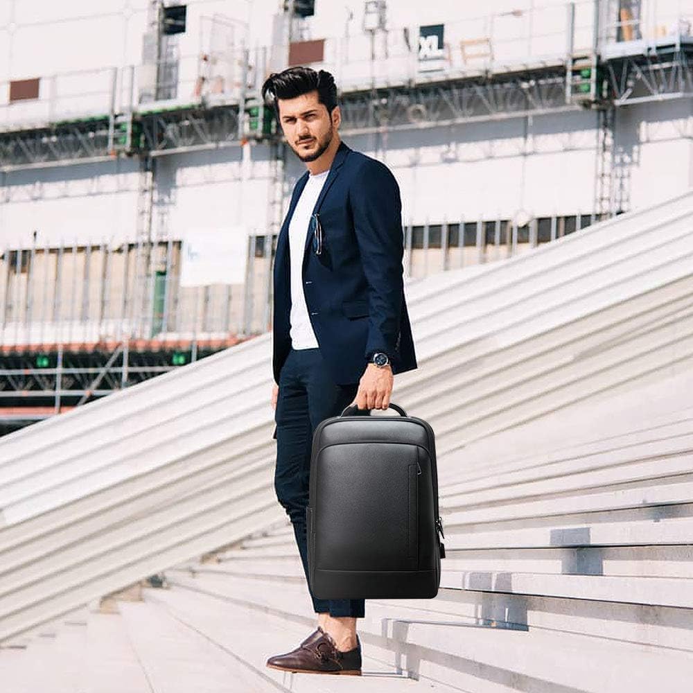BOPai Genuine Leather Backpack for Men Multi-Function Backpack 15.6 inch Business Laptop Backpack Travel Smart Rucksack with USB Charging Anti Theft Backpack Office Black