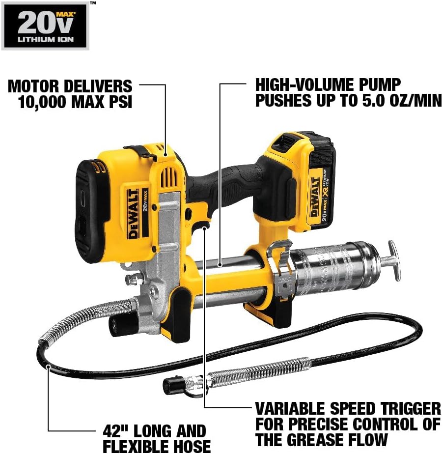 DEWALT Grease Gun 20V MAX, Cordless Electric Grease Gun 42' Hose, 10,000 PSI, Variable Speed Triggers, Tool Only (DCGG571B)