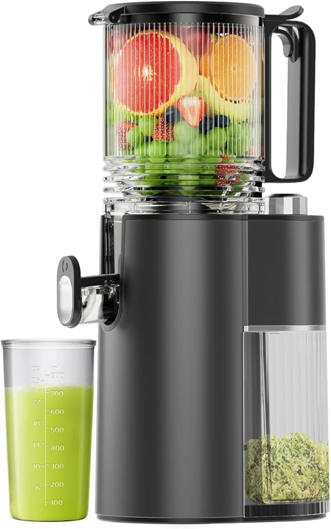 EanOruus Cold Press Juicer, 5.8' Wide Feed Chute Juice Extractor Machine with 400W, High Juice Yield, Slow Masticating Juicer for Whole Vegetables & Fruits, Black Gray