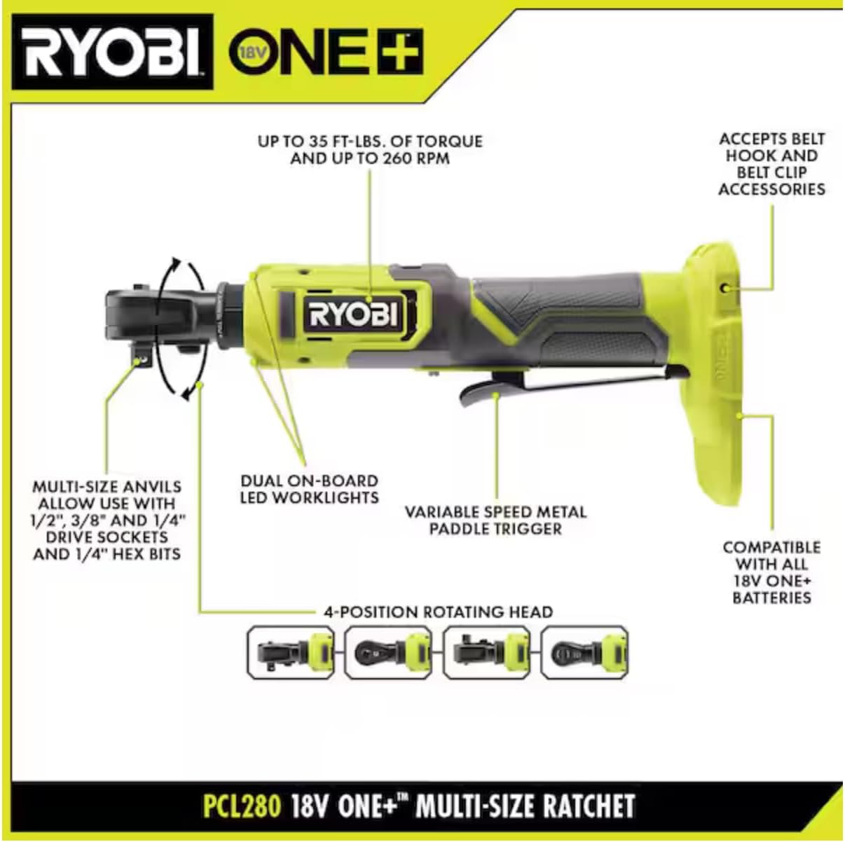 Ryobi 18V ONE+ Multi‑Size Ratchet PCL280 (tool only)
