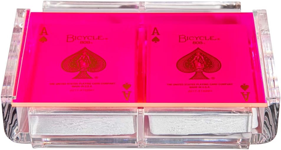 Modern Elegant Playing Card Deck Holder Tray with 2 Decks of Playing Cards in Unique Stylish Deluxe Acrylic Box with Color lid (Neon Pink)