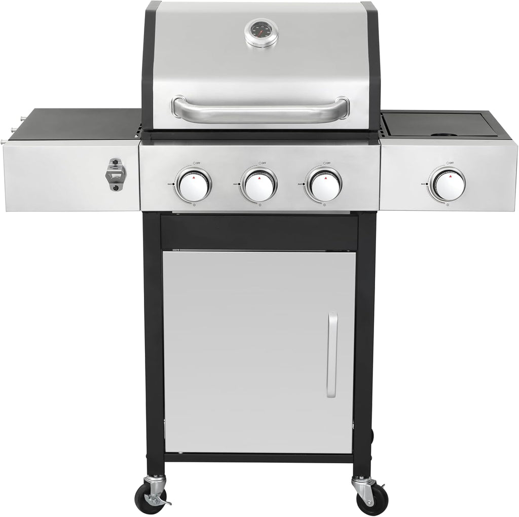 BBQ Grill, 3-Burner Propane Gas Grill with Side Burner, 37,230 BTU Output, Enameled Cast Iron Cooking Grids & Stainless Steel Front Door for Outdoor BBQ, Camping, and Family Gatherings