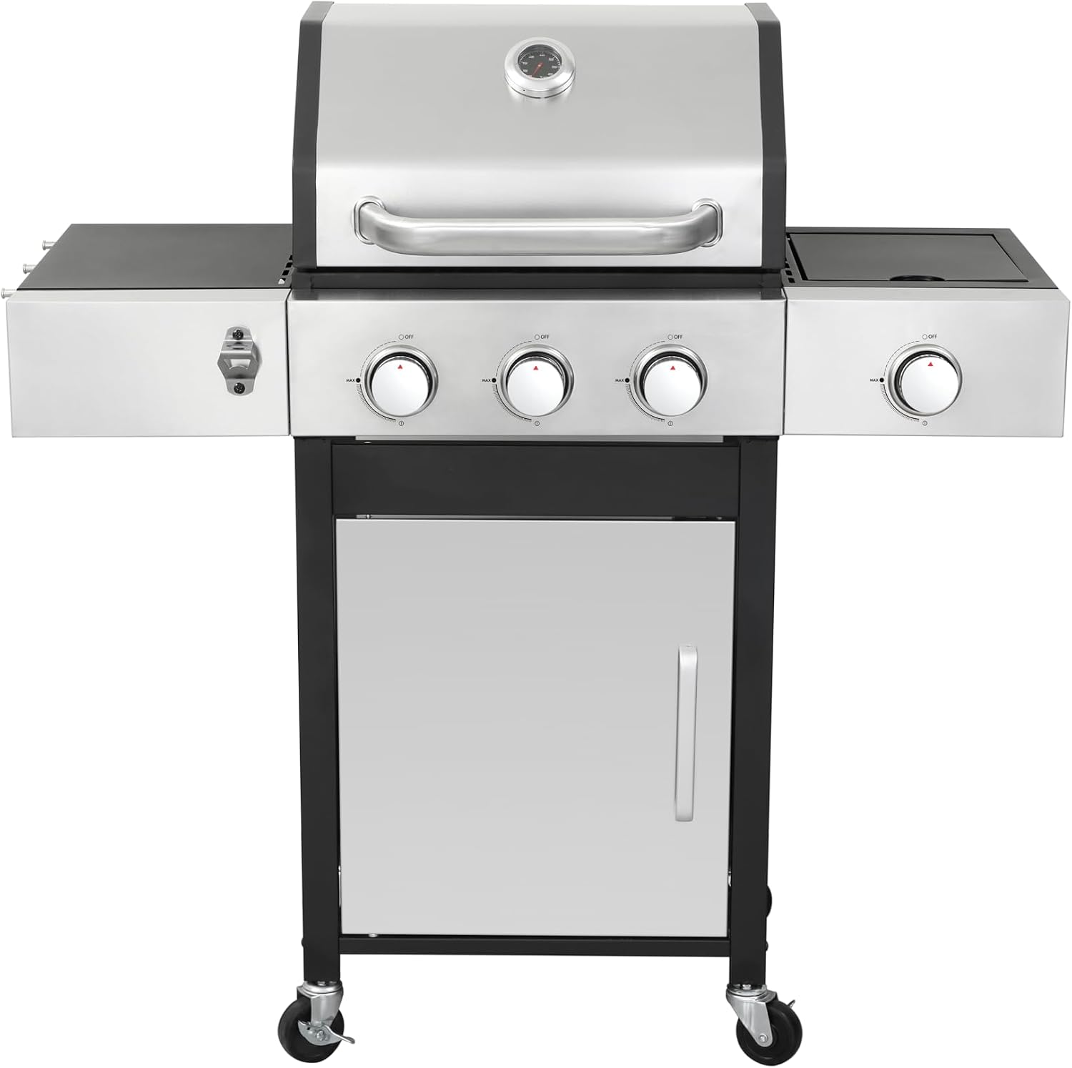 BBQ Grill, 3-Burner Propane Gas Grill with Side Burner, 37,230 BTU Output, Enameled Cast Iron Cooking Grids & Stainless Steel Front Door for Outdoor BBQ, Camping, and Family Gatherings