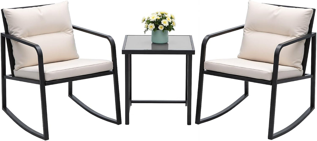 Devoko 3 Piece Rocking Bistro Set Wicker Patio Outdoor Furniture Porch Chairs Conversation Sets with Glass Coffee Table (Beige)