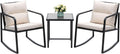 Devoko 3 Piece Rocking Bistro Set Wicker Patio Outdoor Furniture Porch Chairs Conversation Sets with Glass Coffee Table (Beige)