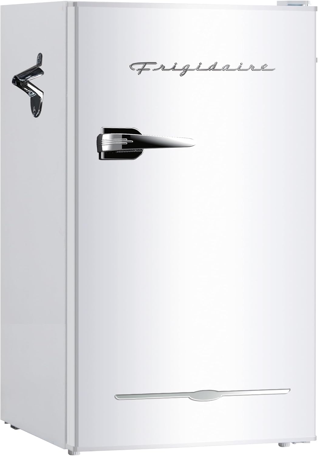 Frigidaire Retro Compact Fridge with Chiller, 3.2 cu ft Countertop Fridge with Built-In Bottle Opener, Compact Refrigerator for Office, Bedroom, Dorm Room or Cabin - 18.7'D x 19.01'W x 33.27'H (White)