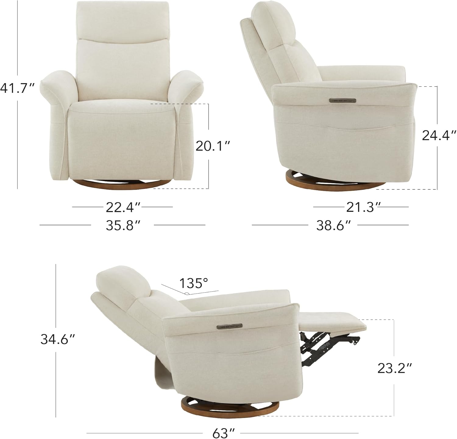 CHITA Power Recliner Chair, Electric Triple-Motor Swivel Glider Nursery Rocking Chair with Adjustable Power Headrest and Lumbar Support, GREENGARD Gold Certified, Solid Wood Base, Linen