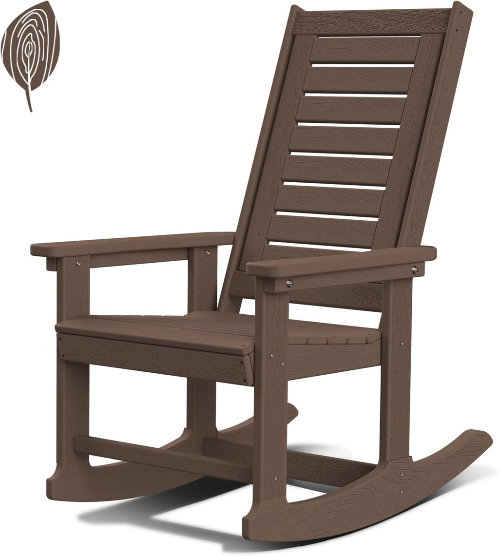 GREENVINES Outdoor Rocking Chairs | Porch Rocker | HDPE Plastic | Wood Grain | Oversized Rockers | High Back | Big & Tall | Ladder Back | Dark Brown | for Patio Outside