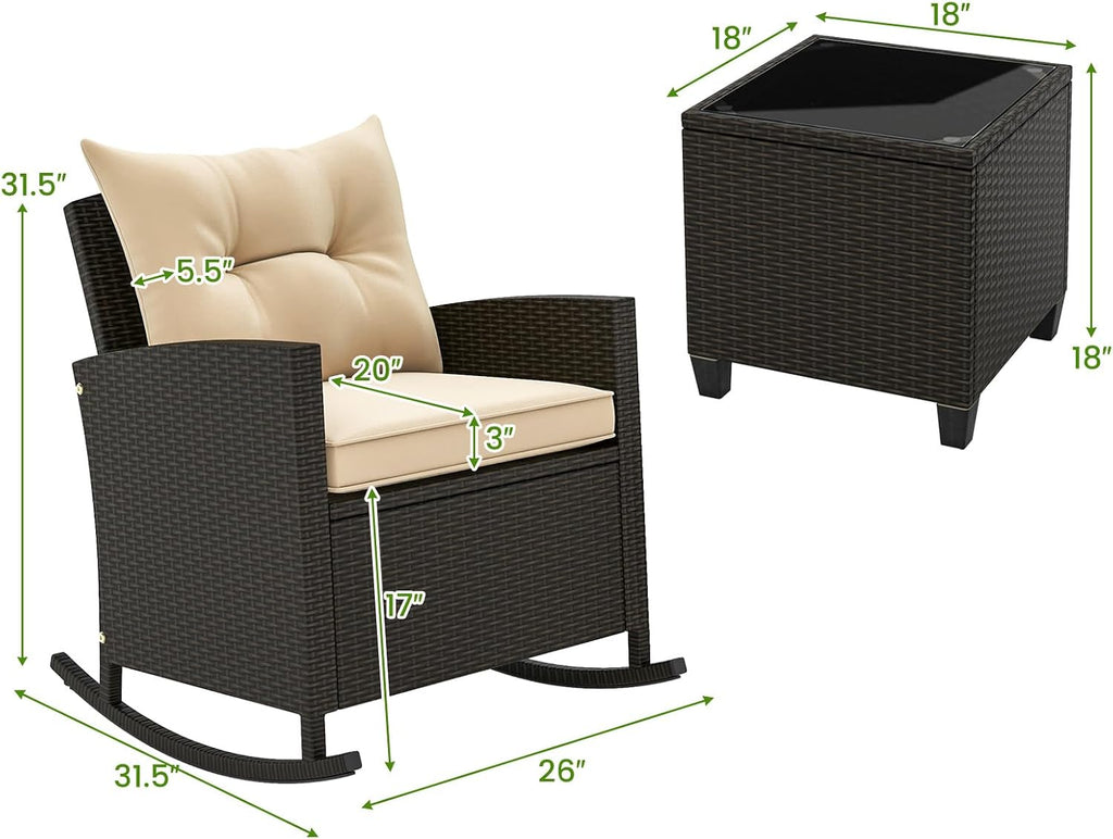Tangkula 3 Piece Wicker Rocking Set, Patio Rattan Roker Chairs with Tempered Glass Table & Soft Cushions, Outdoor Furniture Set for Backyard, Poolside Porch (Beige)