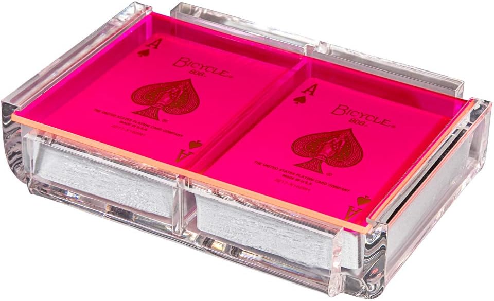Modern Elegant Playing Card Deck Holder Tray with 2 Decks of Playing Cards in Unique Stylish Deluxe Acrylic Box with Color lid (Neon Pink)