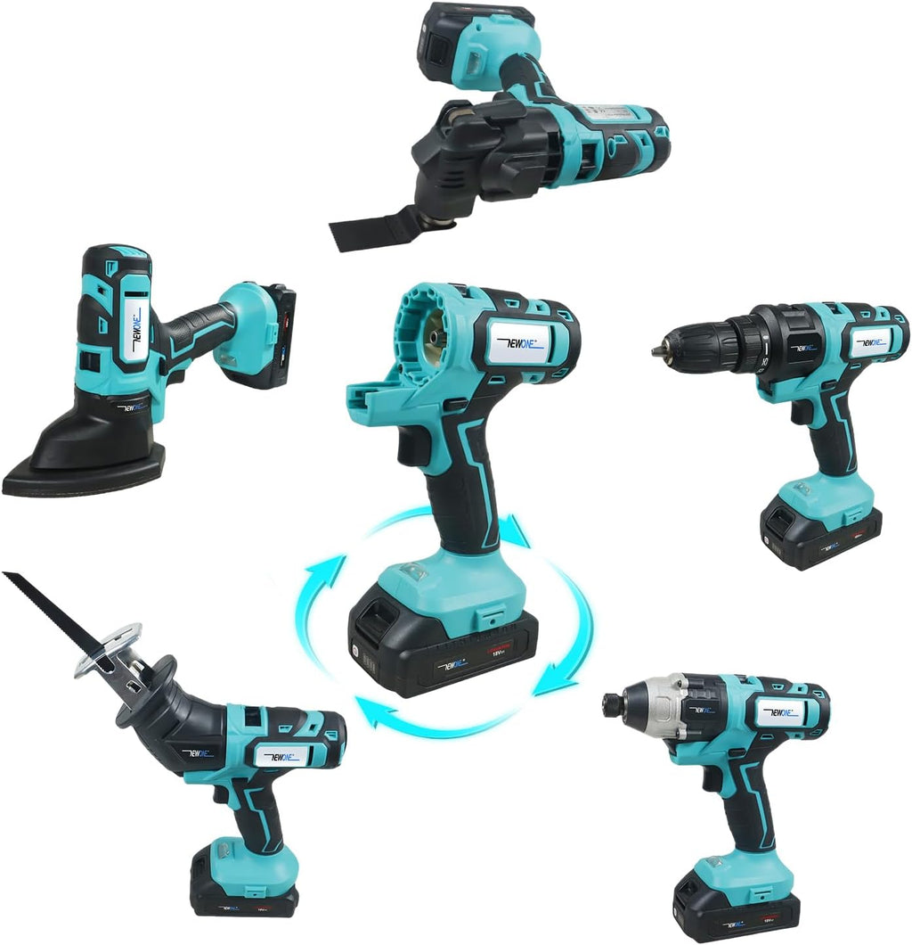 NEWONE 5-Tool Cordless Tool Combo Kit Compatible with Maki-ta 18V Battery,Tool Set with Drill, Reciprocating Saw, Driver, Oscillating Tool, Sander with Accessories, 2.0Ah Lithium Battery and Charger