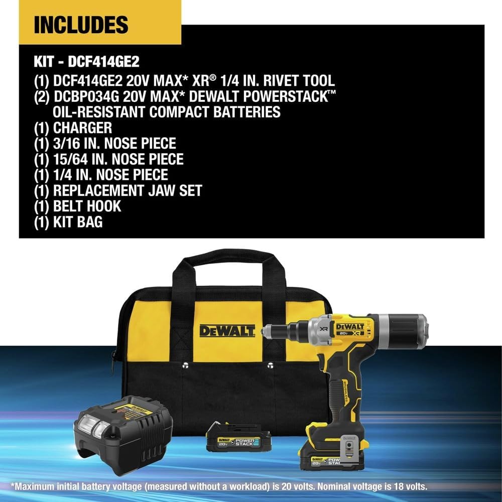 DEWALT 20V MAX XR Cordless Rivet Tool, 1/4', Battery and Charger Included (DCF414GE2)