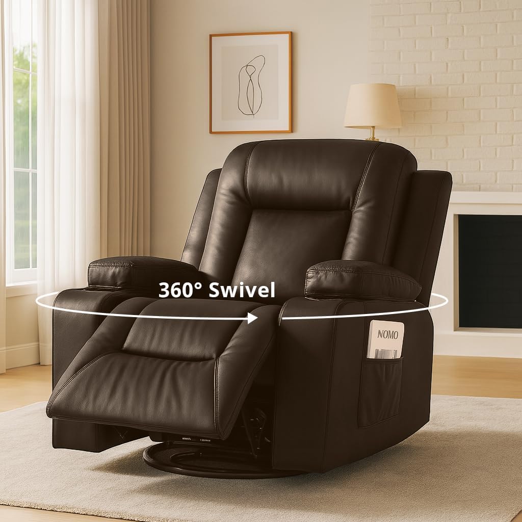 COMHOMA Recliner Chair,PU Rocking Chair for Adults,Swivel Recliner with Cup Holders,Single Sofa Seat with Side Pockets for Living Room,Bedroom(Brown)