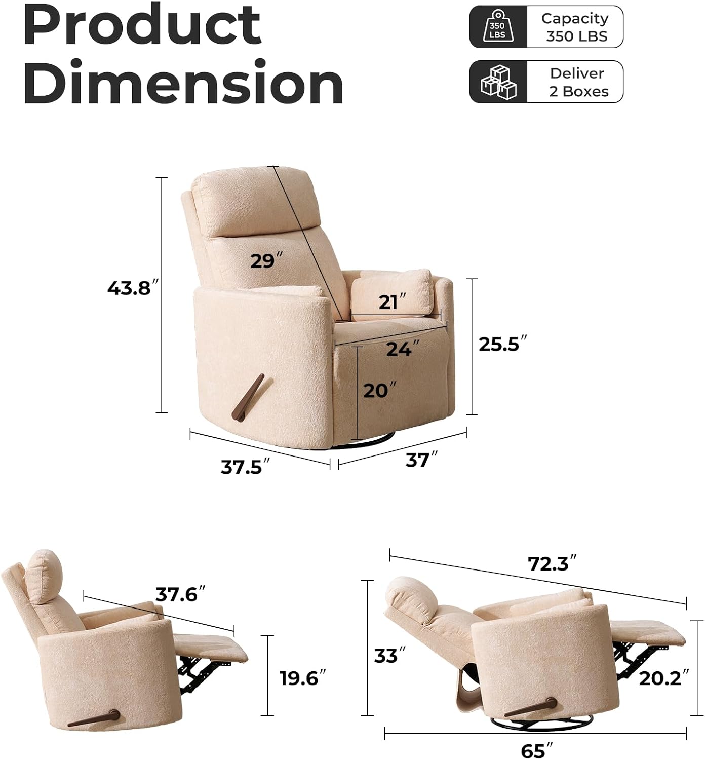 Oversized Swivel Rocker Recliner with Massage and Heat, Swivel Nursery Recliner With Adjustable Headrest, Manual Rocker Recliner Chair with Two Removable Pillows, High Back Barrel Armchair, Beige