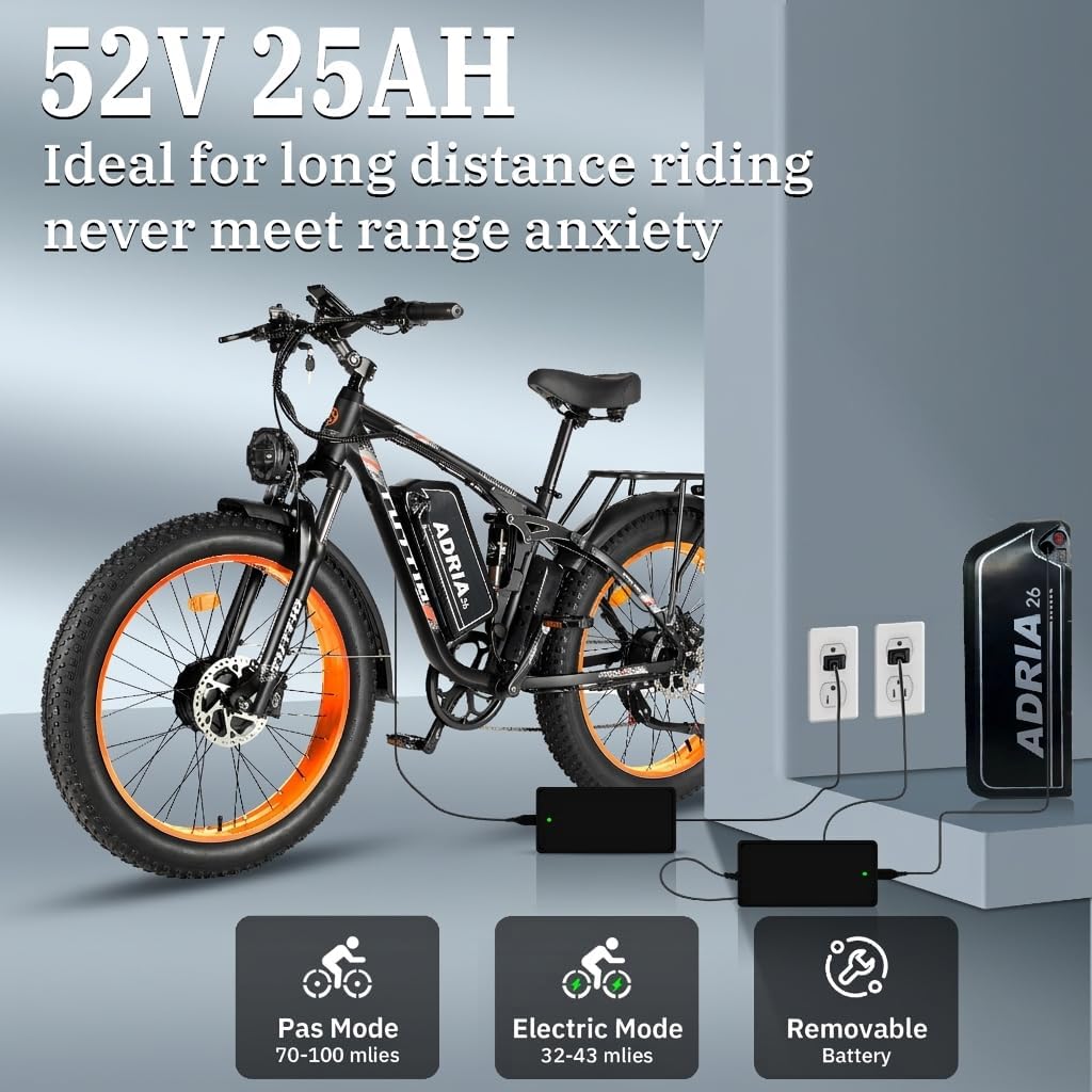 TUTTIO Adria26 5000W/6000W Dual Motor Ebike, 40-46MPH Electric Bike for Adults, 26' x 4' Fat Tire Electric Mountain Bike, 52V 25AH E-Bike Full Suspension Electric Dirt Bike for Off-Road Hunting