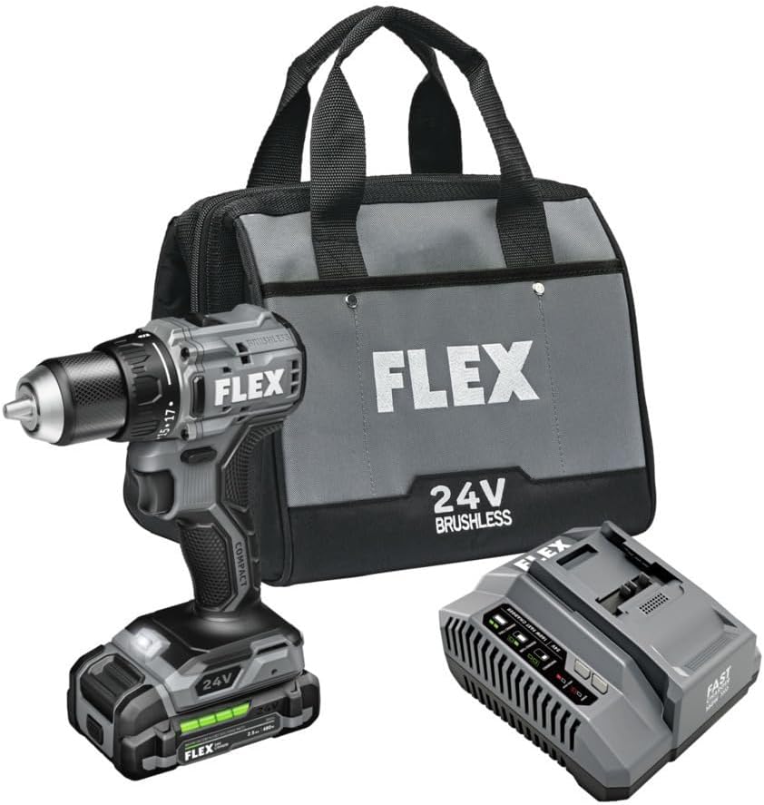 FLEX 24V Brushless Cordless 1/2-Inch 650 In-Lbs Torque 2-Speed Compact Drill Driver Kit with 2.5Ah Lithium Battery and 160W Fast Charger - FX1131-1A