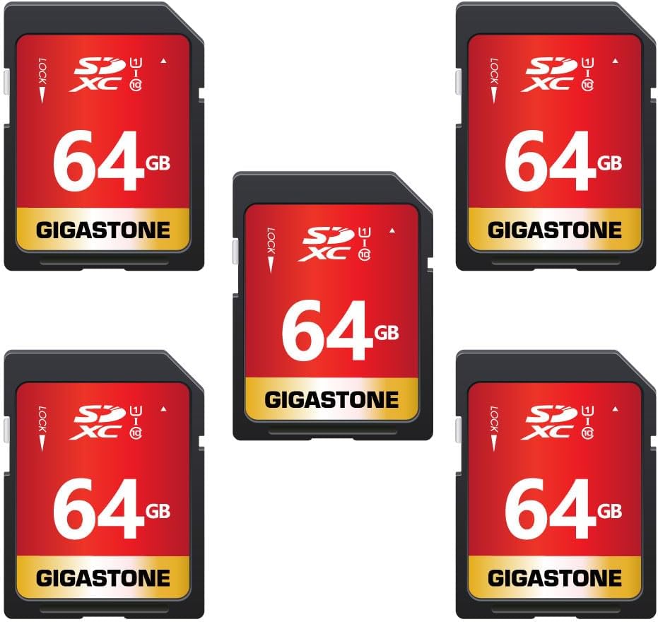 GIGASTONE 64GB SD Card 5-Pack UHS-I U1 Class 10 SDXC Memory Card High Speed Full HD Video Canon Olympus Digital Camera, with 5 Mini Cases