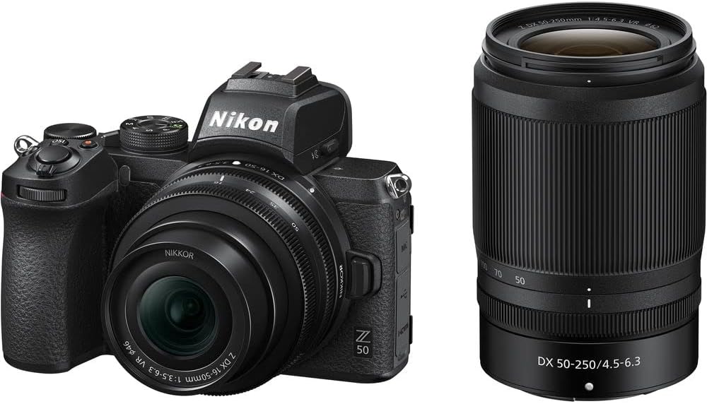 Nikon Z50 Compact Lightweight Mirrorless Camera with 16-50mm and 50-250mm Lenses + ENEL25 Replacement Battery + Extreme PRO 64GB Card+ UV Lens Filter + Photo Editing Software + More