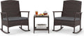 Tangkula 3 Pieces Rocking Wicker Bistro Set, Outdoor Front Porch Rocker Chairs Conversation Set with 2-Tier Tempered Glass Coffee Table and Thick Cushions for Garden, Balcony, Poolside (Gray)