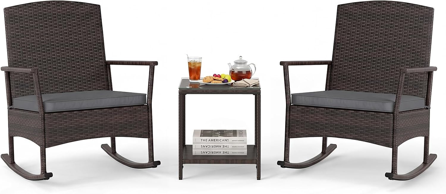 Tangkula 3 Pieces Rocking Wicker Bistro Set, Outdoor Front Porch Rocker Chairs Conversation Set with 2-Tier Tempered Glass Coffee Table and Thick Cushions for Garden, Balcony, Poolside (Gray)