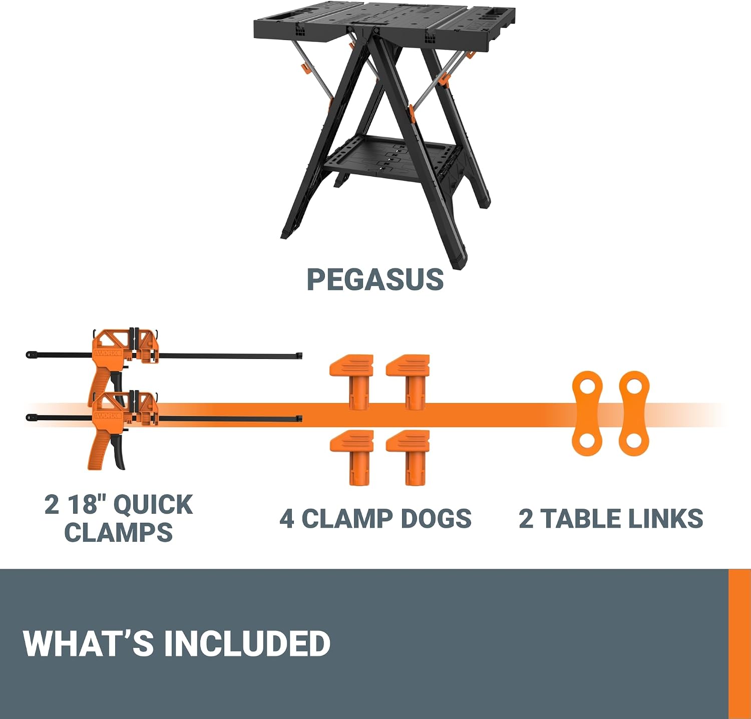 Worx Pegasus 2-in-1 Folding Work Table & Sawhorse, Easy Setup Portable Workbench, 31' W x 25' D x 32' H Lightweight Worktable with Heavy-Duty Load Capacity, WX051 - Includes 2 Clamps & 4 Clamp Dogs