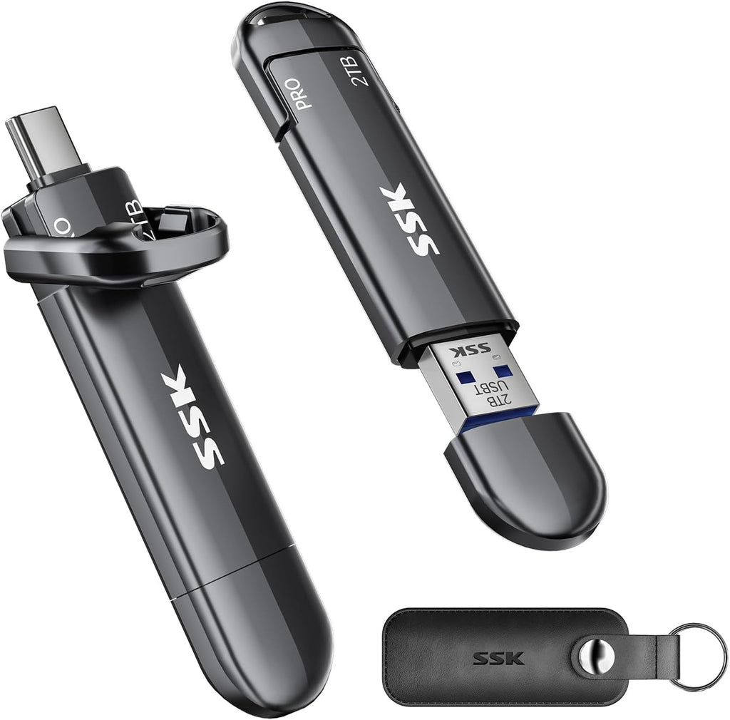SSK USB Flash Drive 2TB SSD External, TLC NAND Solid State Drive Dual USBC & USBA Ports, Up to 1000MB/s High-Speed Portable 2TB USB Thumb Drive Stick for iPhone 15/16/17 Pro, Mac, Android, PC Backup