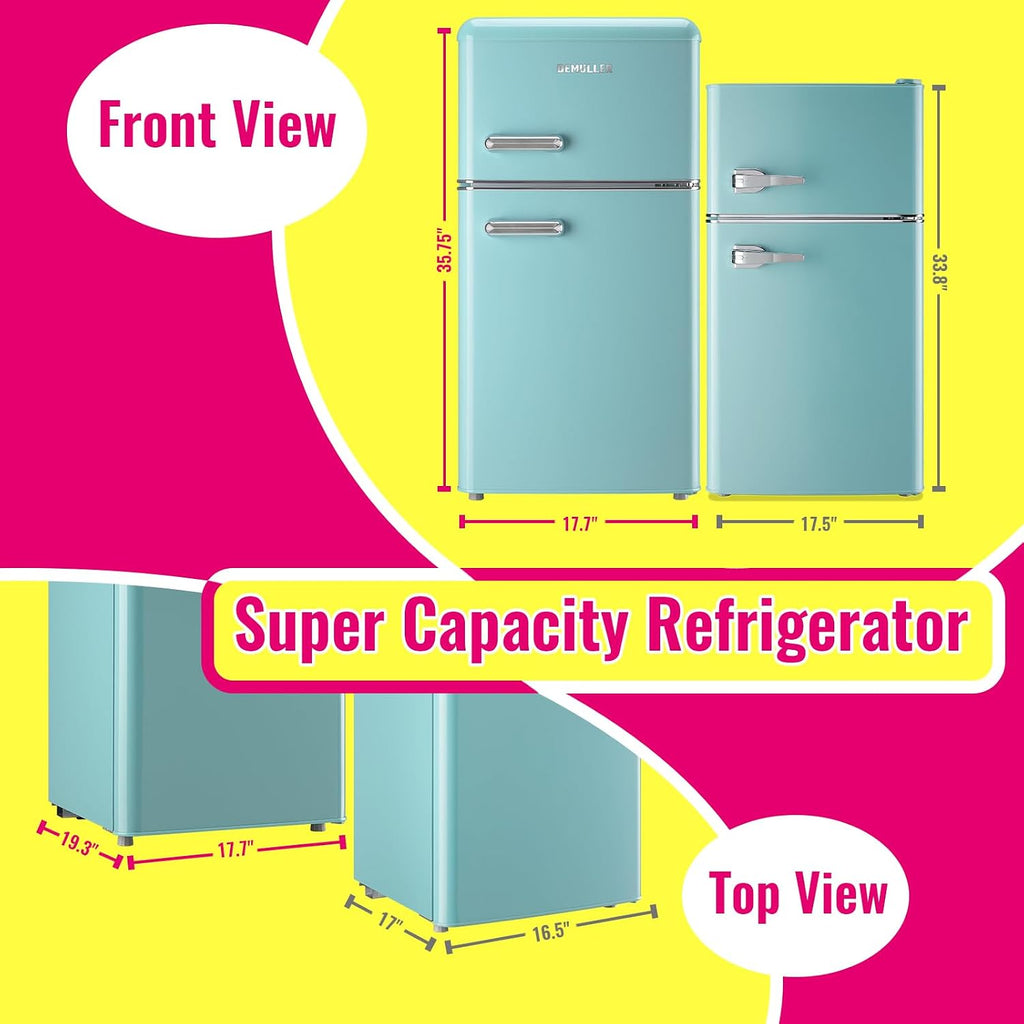 DEMULELR Retro Mini Fridge Dual Door Refrigerator with Freezer, 3.5 Cu.ft Small Refrigerator with Handle, Adjustable Temperature & Removable Glass Shelves, for Apartment/Dorm/Office/RV, BLUE